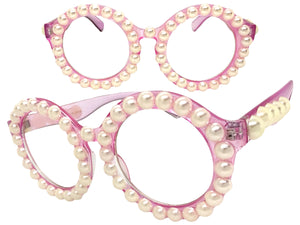 Oversized Vintage Retro Style Clear Lens EYEGLASSES Large Round Pink Frame with Pearls P0255