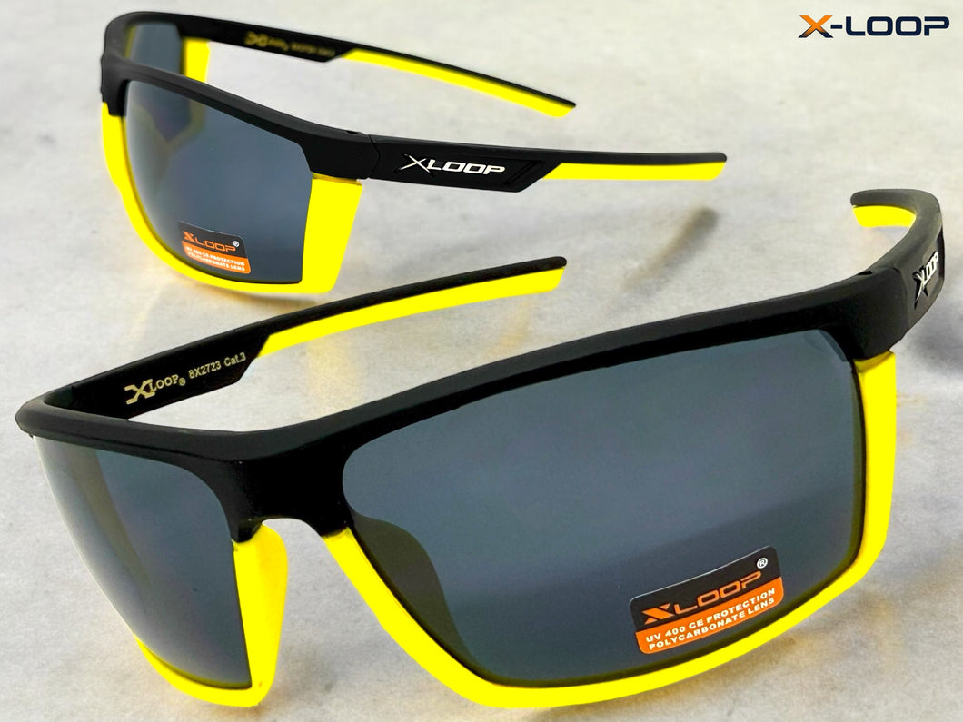 Sporty Wrap Around Cycling Fishing Biker SUNGLASSES Sleek Black & Yellow Frame - Dark Lens 2723