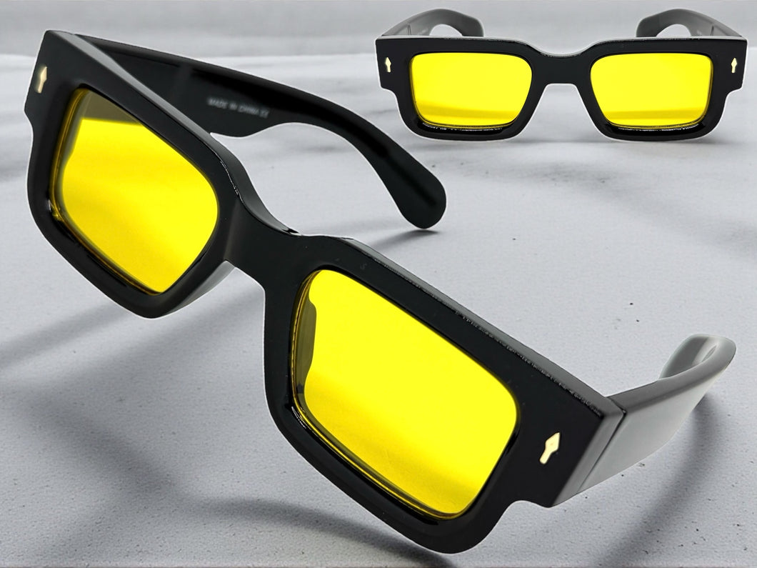 Classic Vintage Retro Style SUNGLASSES Super Thick Black Frame - Yellow Lens E2165