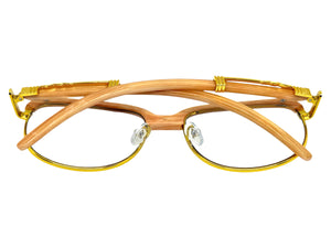 Classic Retro Luxury Designer Hip Hop Style Clear Lens EYEGLASSES Square Gold & Faux Wooden Frame E0425