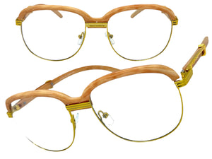 Classic Retro Luxury Designer Hip Hop Style Clear Lens EYEGLASSES Square Gold & Faux Wooden Frame E0425