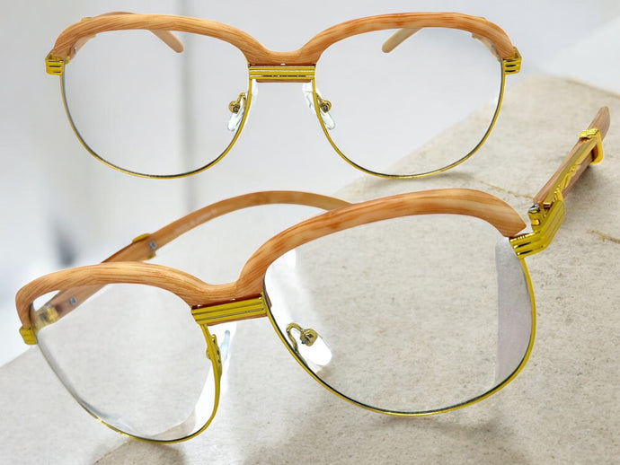 Classic Retro Luxury Designer Hip Hop Style Clear Lens EYEGLASSES Square Gold & Faux Wooden Frame E0425