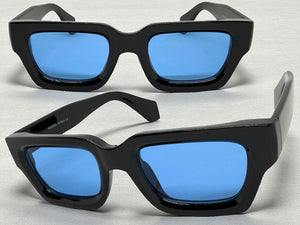 Classic Vintage Retro Style SUNGLASSES Thick Black Frame - Blue Lens 2056