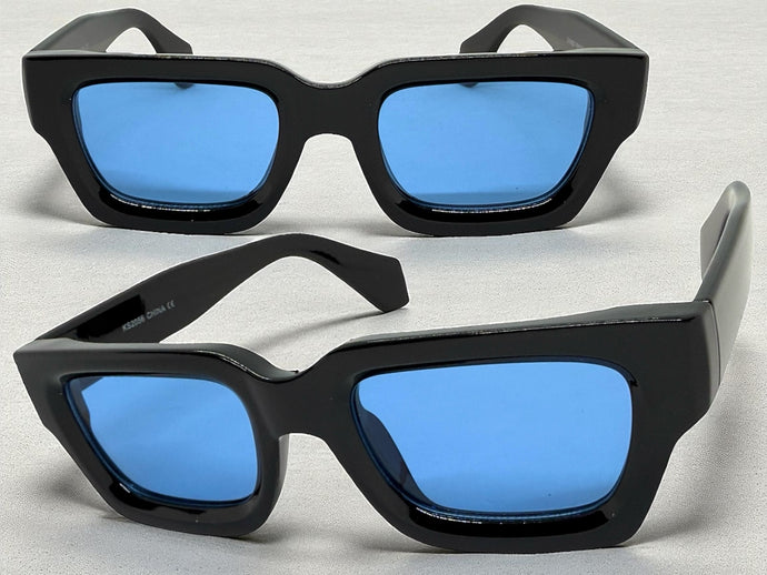 Classic Vintage Retro Style SUNGLASSES Thick Black Frame - Blue Lens 2056