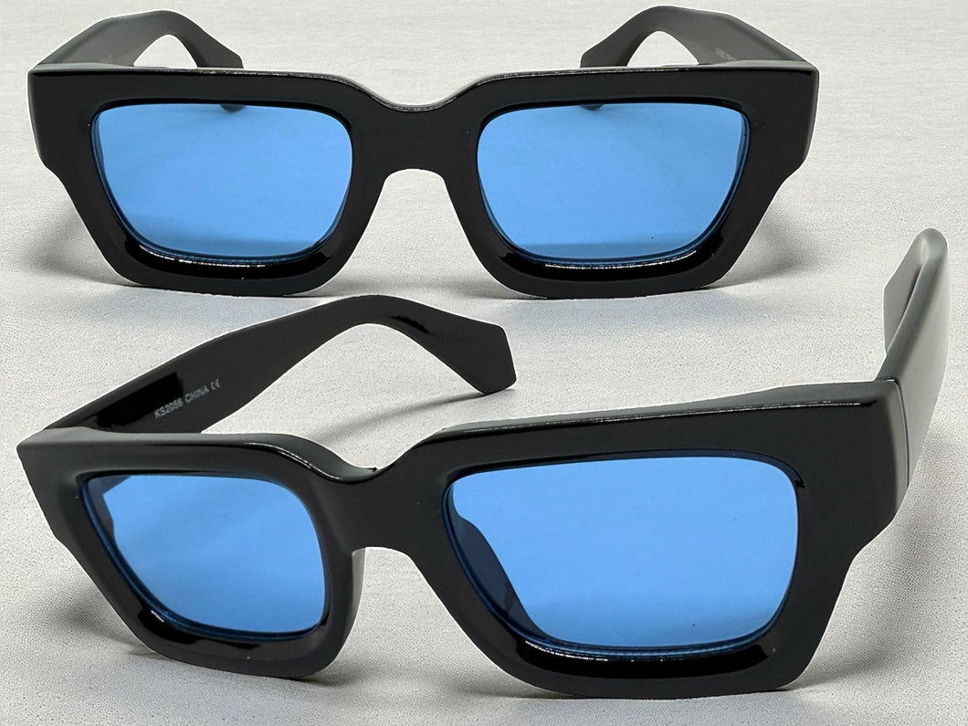 Classic Vintage Retro Style SUNGLASSES Thick Black Frame - Blue Lens 2056