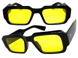 Classic Vintage Retro Style SUNGLASSES Thick Square Black Frame - Yellow Lens 74002