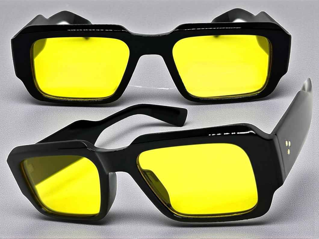 Classic Vintage Retro Style SUNGLASSES Thick Square Black Frame - Yellow Lens 74002