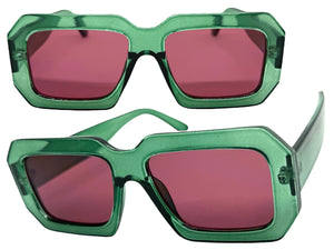 Classic Vintage Retro Style SUNGLASSES Thick Square Green Frame - Plum Lens 75005