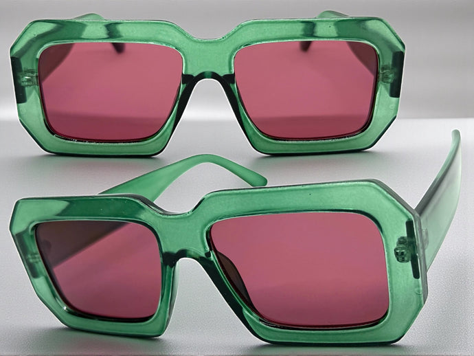 Classic Vintage Retro Style SUNGLASSES Thick Square Green Frame - Plum Lens 75005