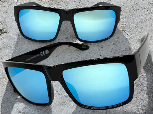 Classic Vintage Retro Hardcore Biker Gangster Style SUNGLASSES Thick Square Black Frame - Blue Lens 7232