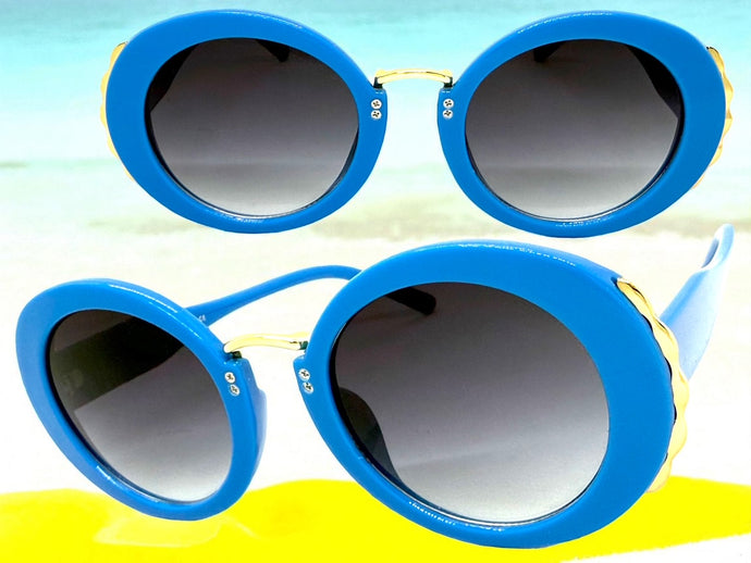 Exaggerated Vintage Retro Funky Hippie Style SUNGLASSES Round Blue & Gold Frame P8216