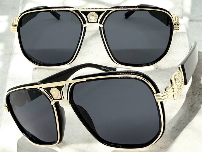 Classic Vintage Retro Luxury Hip Hop Rapper Style SUNGLASSES Large Black & Gold Frame 3077