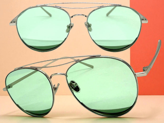 Classic Vintage Retro Style SUNGLASSES Silver Metal Frame - Green Lens 7209