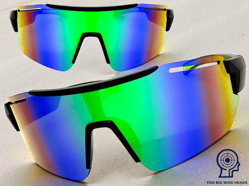 Oversized Sporty Wrap Around Cycling Fishing Biker SUNGLASSES Large Black Frame - Green & Blue Lens 5204