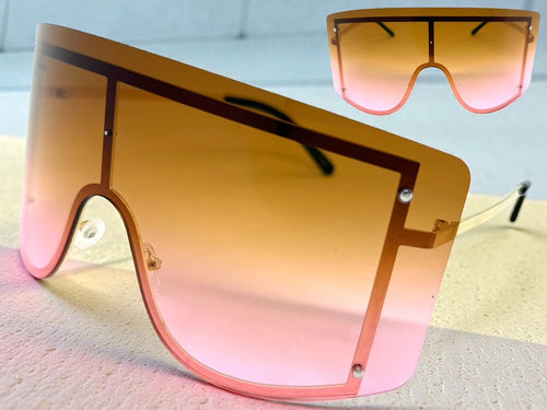 Oversized Exaggerated Vintage Retro Shield Style SUNGLASSES X-Large Gold Frame - Ombre Lens 96313