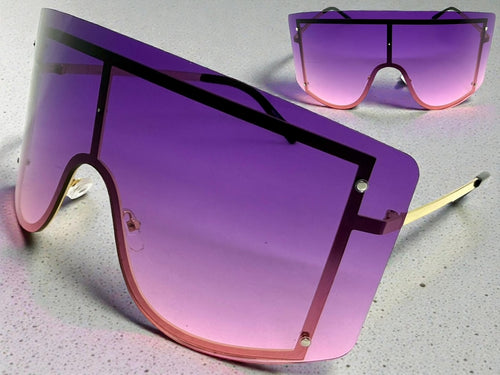 Oversized Exaggerated Vintage Retro Shield Style SUNGLASSES X-Large Gold Frame - Purple Lens 96313