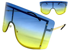 Oversized Exaggerated Vintage Retro Shield Style SUNGLASSES X-Large Gold Frame - Blue Lens 96313