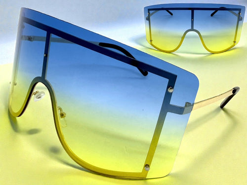 Oversized Exaggerated Vintage Retro Shield Style SUNGLASSES X-Large Gold Frame - Blue Lens 96313