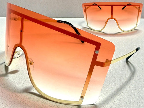 Oversized Exaggerated Vintage Retro Shield Style SUNGLASSES X-Large Gold Frame - Pink Lens 96313