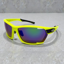 Classic Sporty Wrap Around Style SUNGLASSES Large Neon Yellow Frame - Blue Green Lens 2745