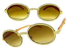 Classy Elegant Luxury Modern Hip Hop Style Bling SUNGLASSES Large Oval Gold & Faux Wooden Frame E0651