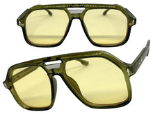Oversized Vintage Retro Style SUNGLASSES Large Olive Green Frame - Yellow Lens 81005