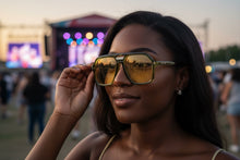 Oversized Vintage Retro Style SUNGLASSES Large Olive Green Frame - Yellow Lens 81005
