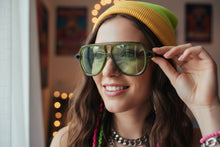 Classic Vintage Retro Style SUNGLASSES Large Olive Green Frame - Green Lens 80595