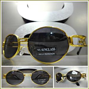 Retro Oval Frame Sunglasses- Gold Frame/ Black Lens