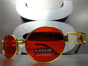 Retro Oval Frame Sunglasses- Gold Frame/ Red Lens