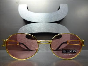 Retro Oval Frame Sunglasses- Gold Frame/ Pink Lens