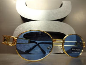 Retro Oval Frame Sunglasses- Gold Frame/ Blue Lens
