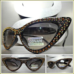 Retro Rhinestone Cat Eye Sunglasses- Black Frame/ Brown Rhinestones