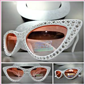 Retro Rhinestone Cat Eye Sunglasses- White Frame/ Pink Lens