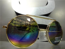 Old School Round Flip Up Sunglasses- Gold Frame/ Rainbow Lens