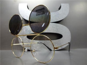 Old School Round Flip Up Sunglasses- Gold Frame/ Rainbow Lens