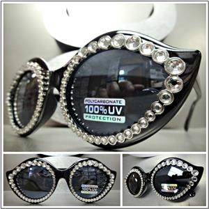 Unique Lip Shaped Cat Eye Sunglasses- Black Frame/ Clear Crystals