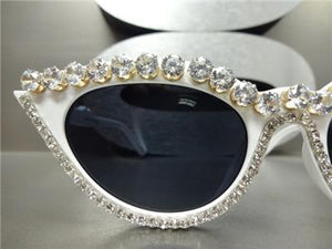 Flashy Rhinestone Cat Eye Sunglasses- White Frame