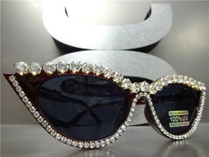 Flashy Rhinestone Cat Eye Sunglasses- Burgundy Frame