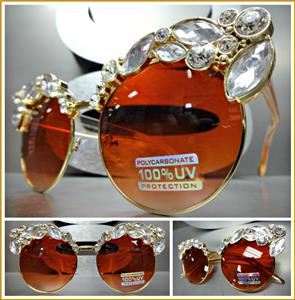 Luxe Exaggerated Bling Sunglasses- Orange Lens/ Gold Frame