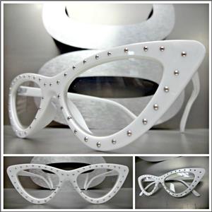 Studded Cat Eye Clear Lens Glasses- White Frame