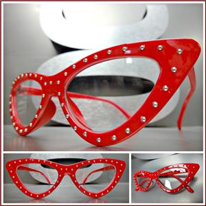 Studded Cat Eye Clear Lens Glasses- Red Frame
