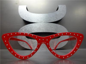 Studded Cat Eye Clear Lens Glasses- Red Frame