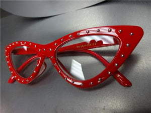 Studded Cat Eye Clear Lens Glasses- Red Frame
