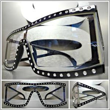 Retro Shield Bling Clear Lens Glasses- Black Frame