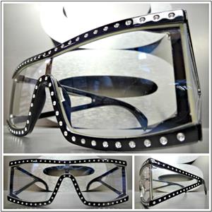 Retro Shield Bling Clear Lens Glasses- Black Frame