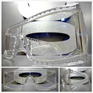 Retro Shield Bling Clear Lens Glasses- Transparent Frame