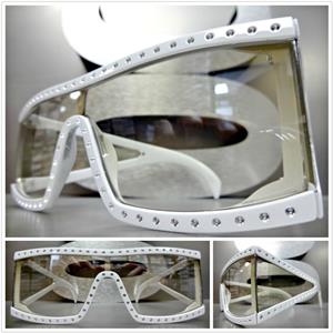 Retro Shield Bling Clear Slight Tint Glasses- White Frame