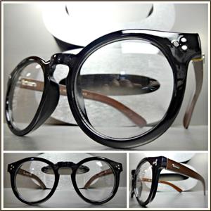 Classic Round Wooden Clear Lens Glasses- Black/ Dark Wooden Temples