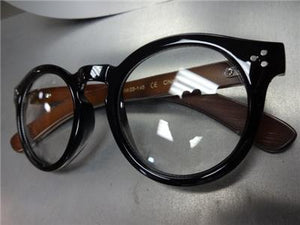Classic Round Wooden Clear Lens Glasses- Black/ Dark Wooden Temples